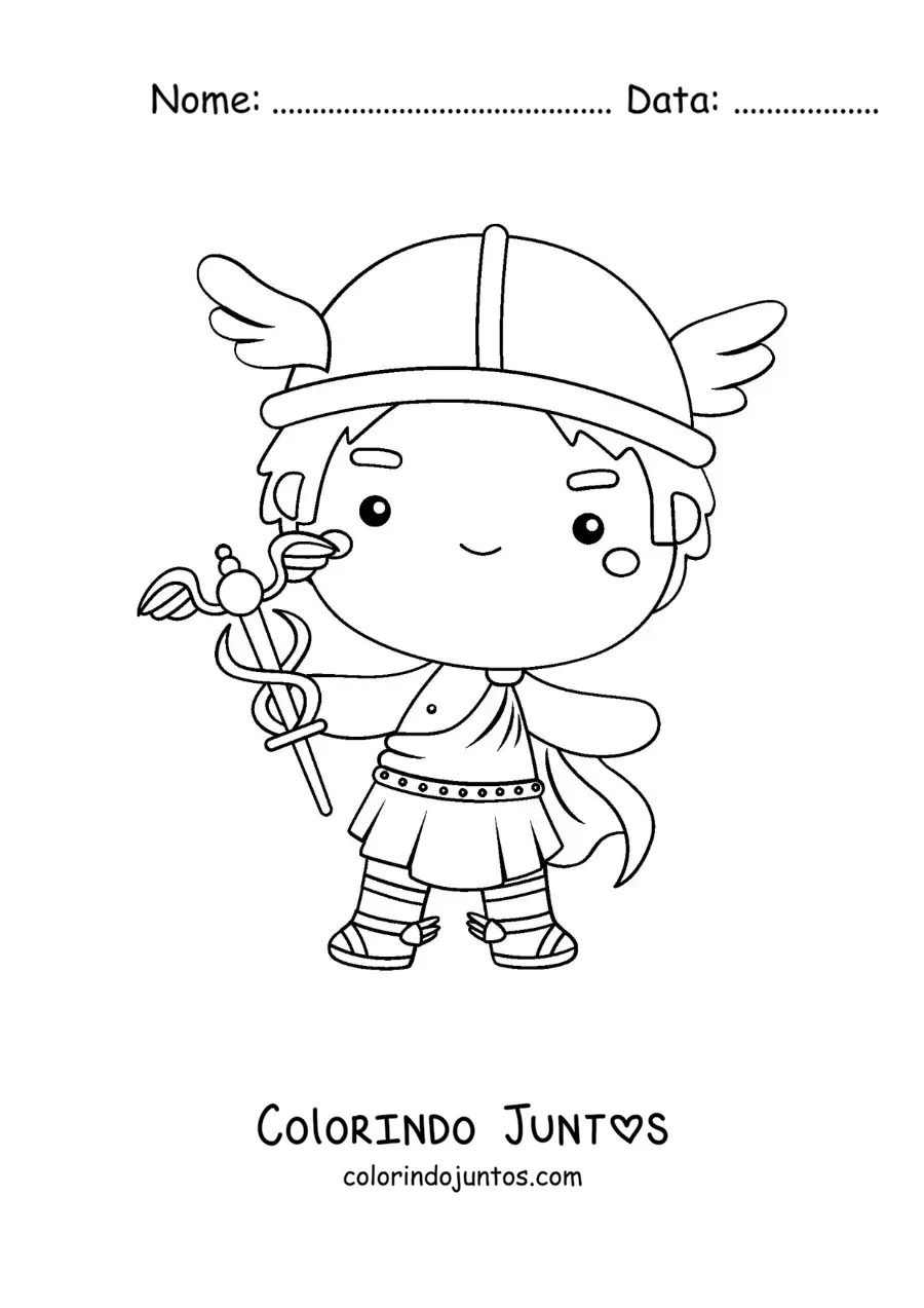 Desenho para colorir do deus Hermes animado kawaii com seu caduceu