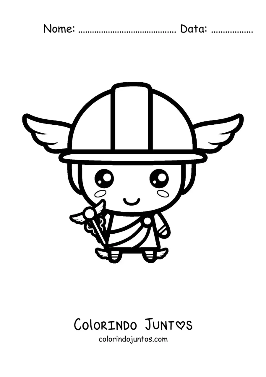 Desenho para colorir de Hermes kawaii com seu capacete e seu bastão
