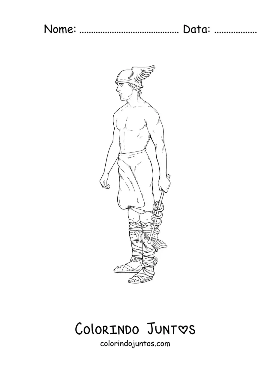Desenho para colorir de Hermes realista com seu capacete alado e seu bastão
