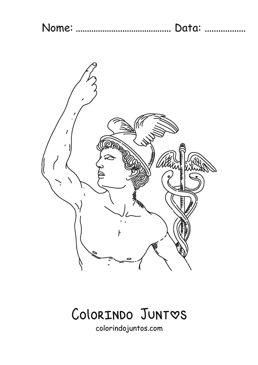 Desenho para colorir de estátua realista de Hermes com seu capacete e seu bastão
