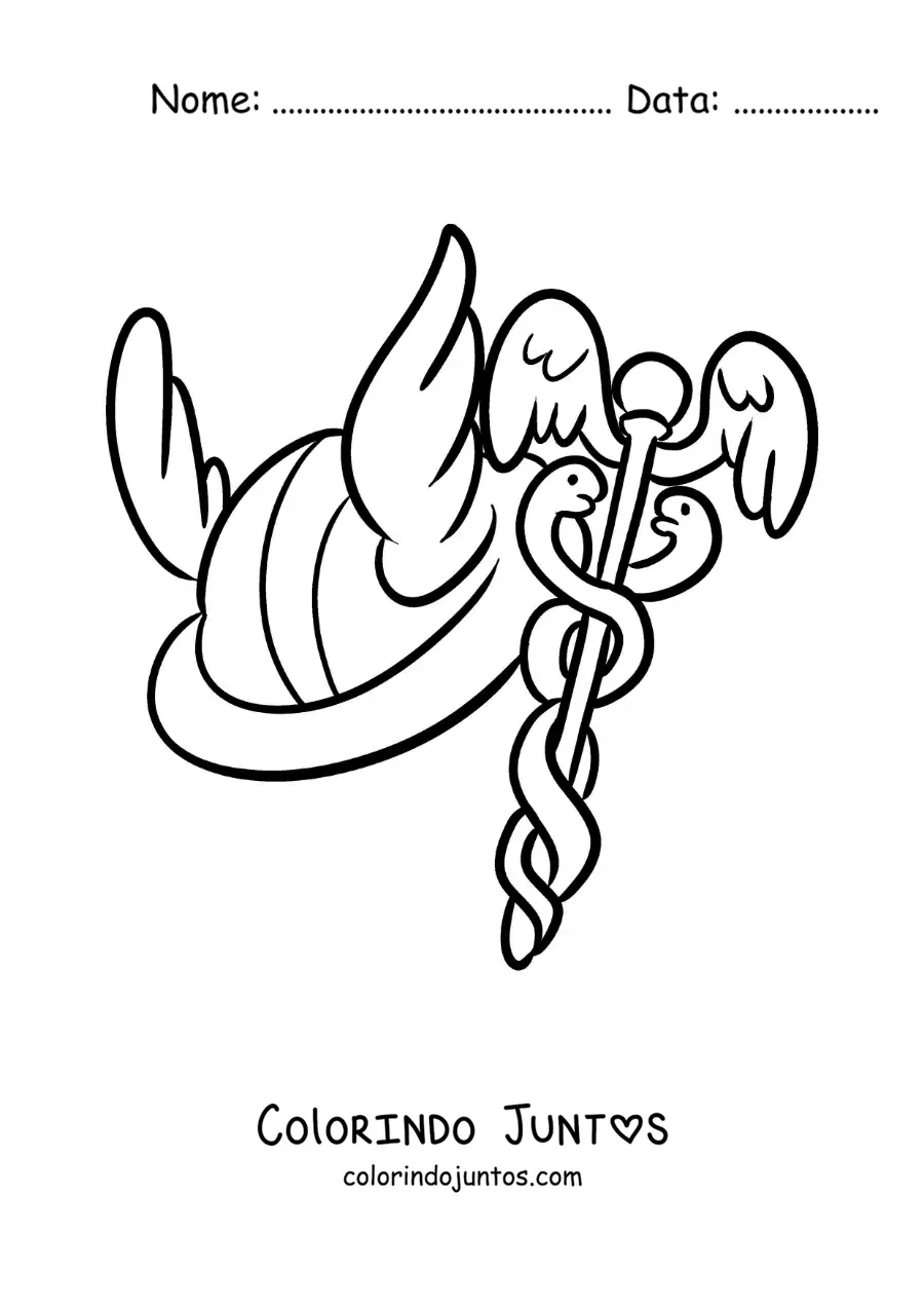 Desenho para colorir do capacete alado de Hermes e o caduceu