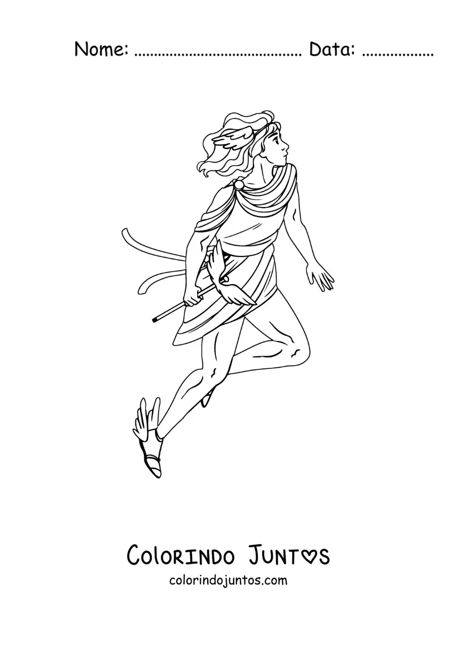 Desenho para colorir do deus grego Hermes animado voando com seus sapatos alados