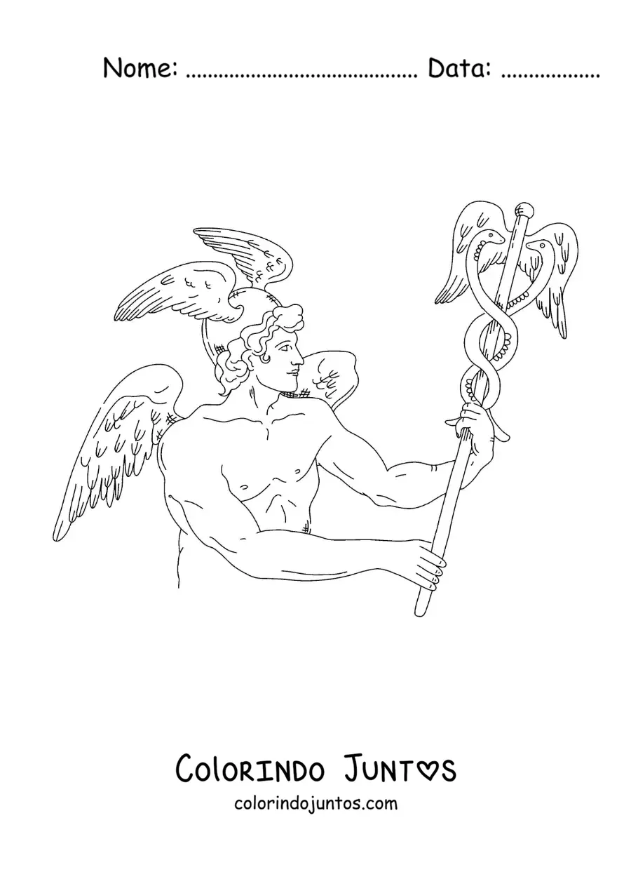 Desenho para colorir do deus mensageiro Hermes realista segurando seu bastão