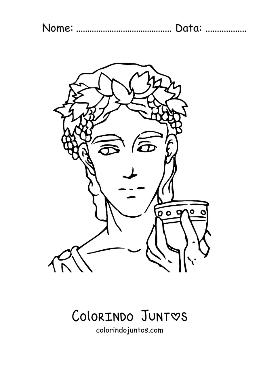Desenho para colorir do deus Dionísio estilo anime tomando uma taça de vinho