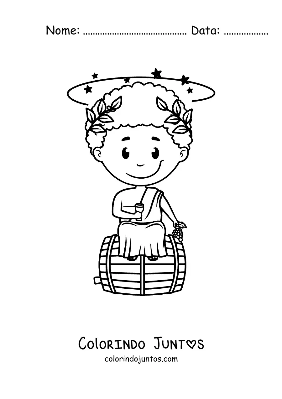 Desenho para colorir do deus Dionísio animado kawaii sentado sobre um barril de vinho
