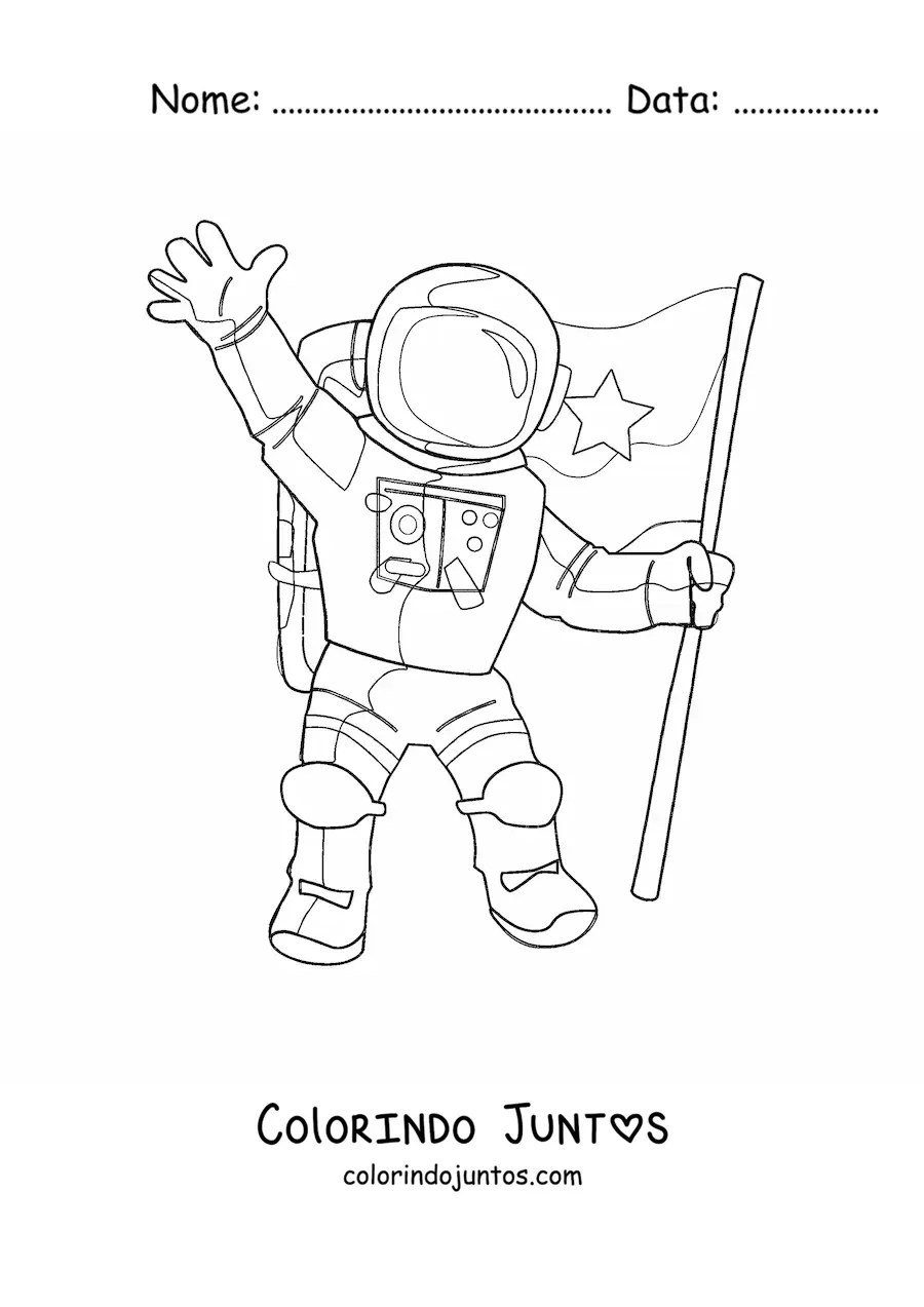 Desenho para colorir de um astronauta com roupa espacial acenando e segurando uma bandeira