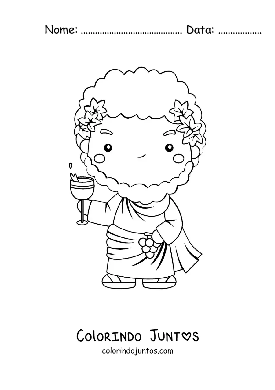 Desenho para colorir do deus do vinho Dionísio animado kawaii tomando vinho