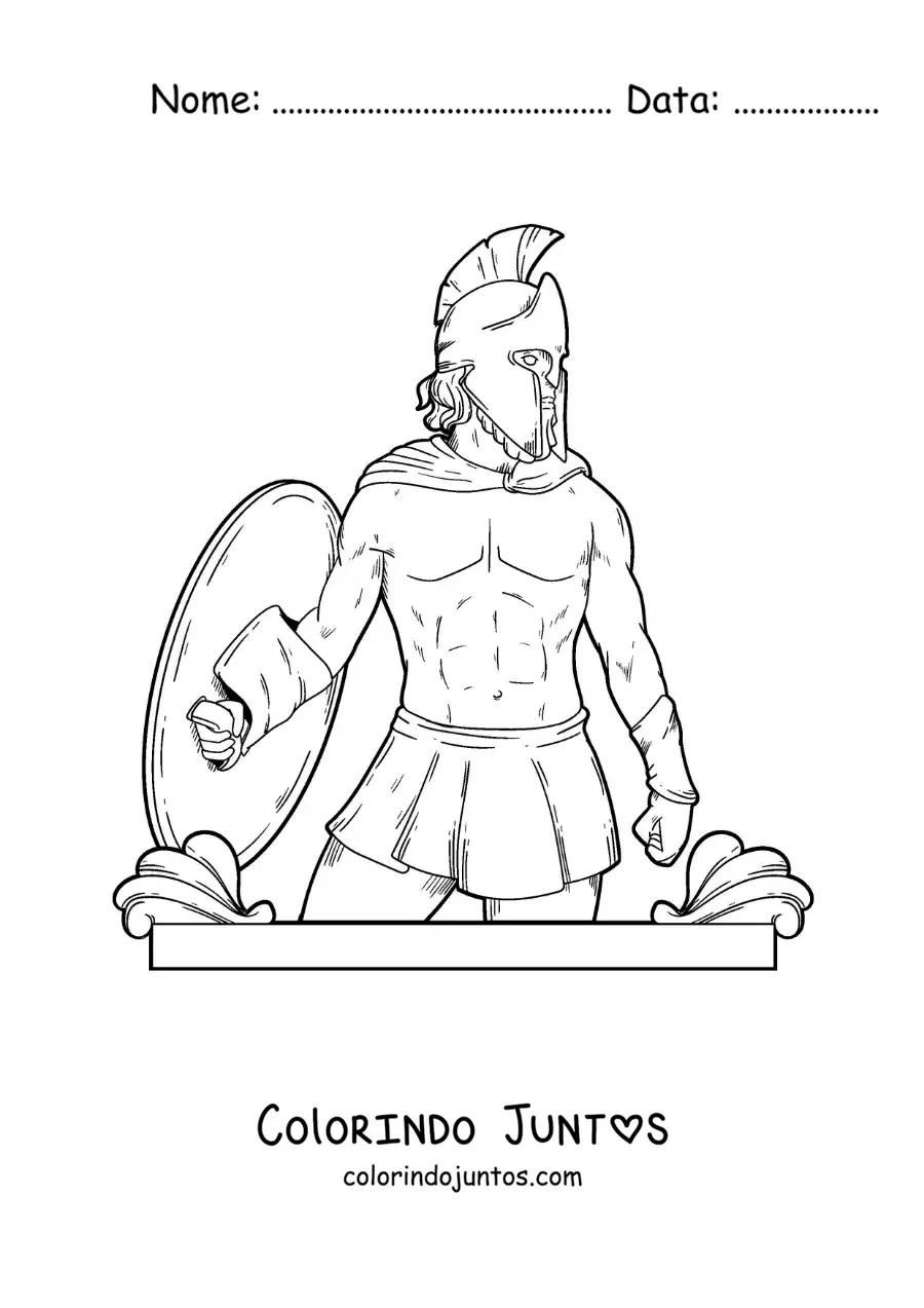 Desenho para colorir de Ares o deus grego realista com seu capacete e escudo