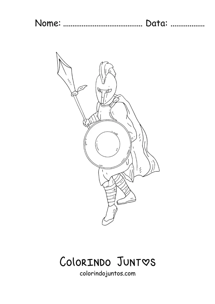 Desenho para colorir do deus Ares realista com seu escudo e sua lança