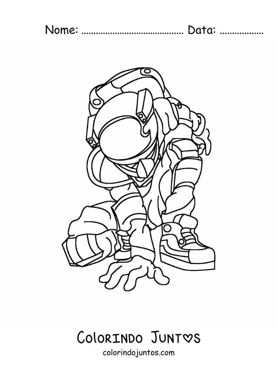 Desenho para colorir de um astronauta com roupa espacial agachado