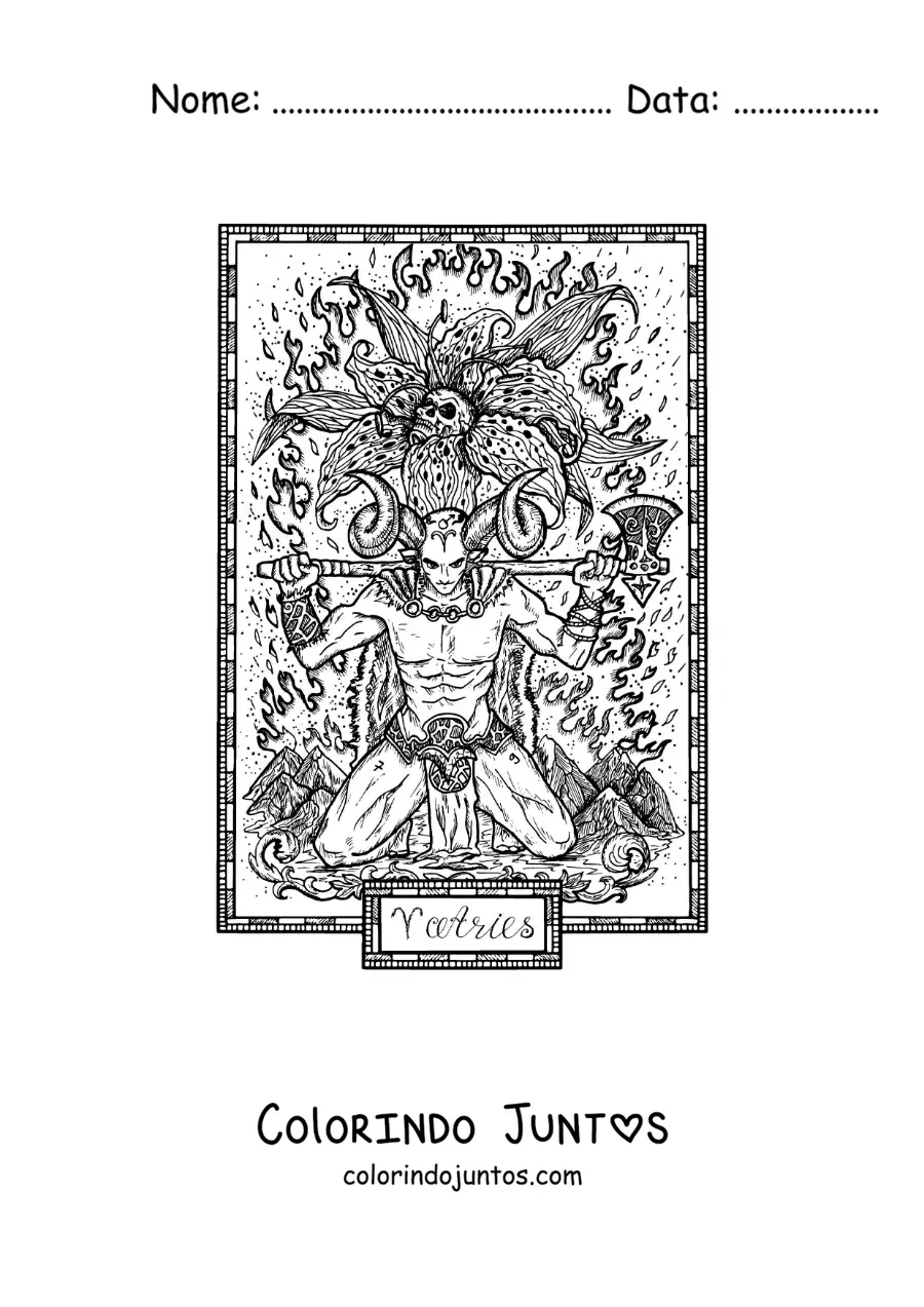 Desenho para colorir de carta assustadora do signo de Áries