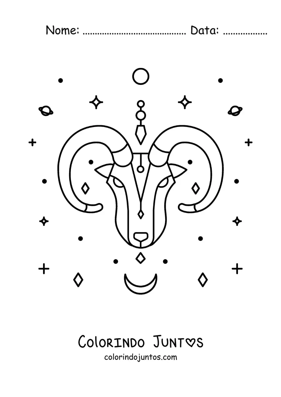 Desenho para colorir do carneiro do signo de Áries com estrelas e astros