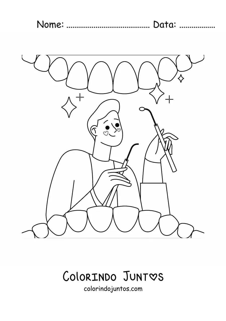 Desenho para colorir de um dentista examinando a boca de um paciente