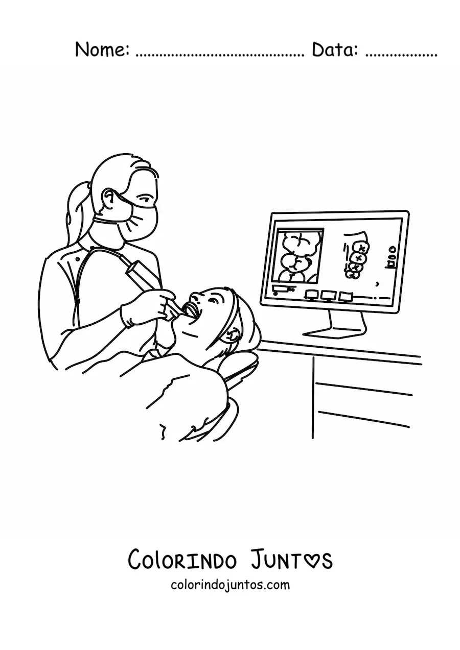 Desenho para colorir de uma dentista mulher e um paciente na cadeira de consultório