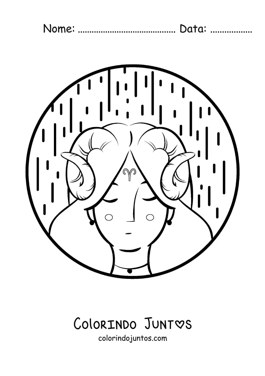 Desenho para colorir de menina do signo de Áries animada com o símbolo de Áries