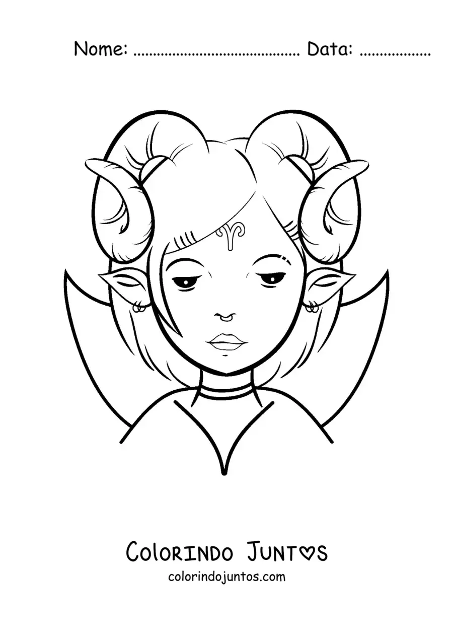 Desenho para colorir de menina do signo de Áries animada com o símbolo do carneiro