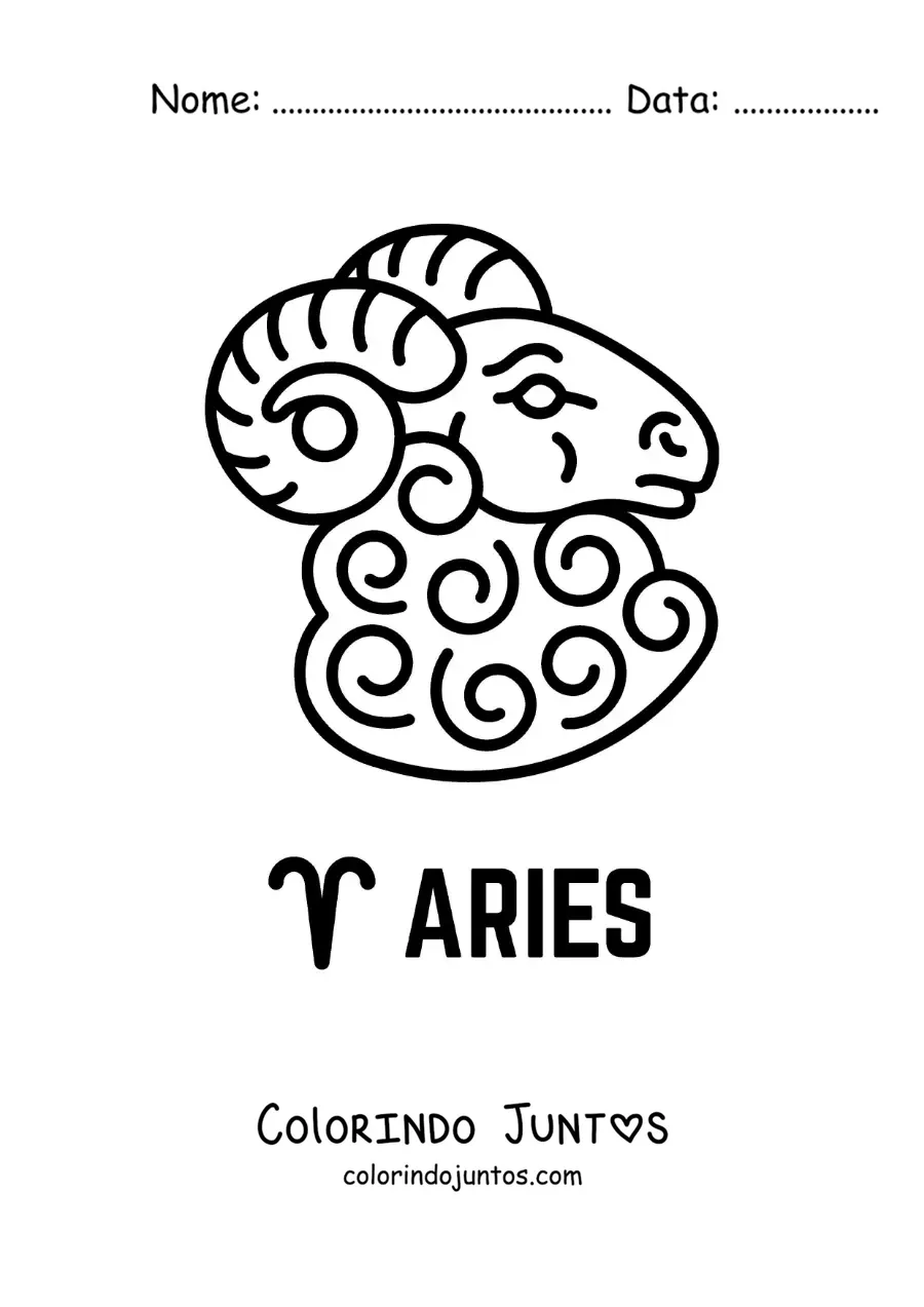 Desenho para colorir de carneiro de Áries animado com o símbolo do carneiro e o nome