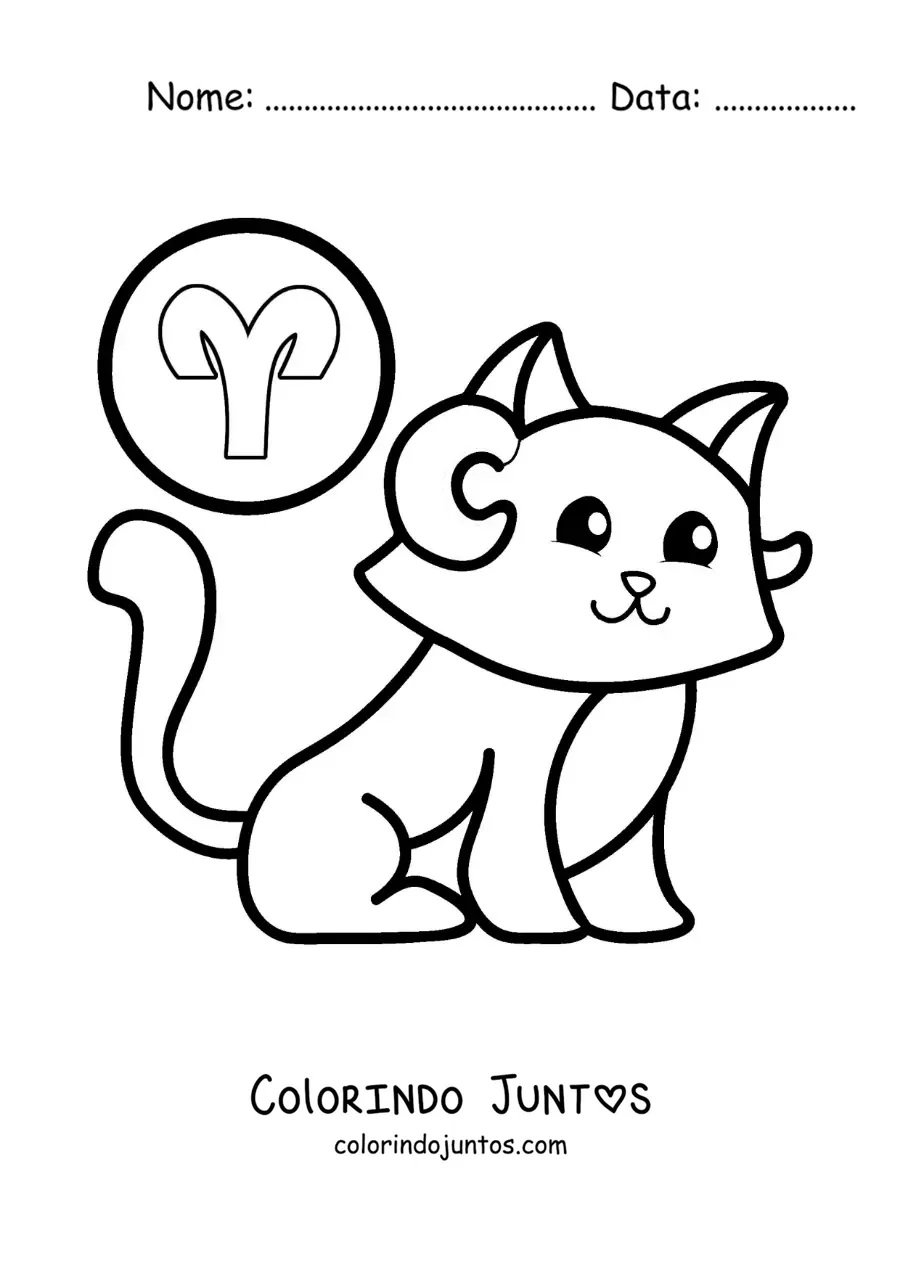 Desenho para colorir de gato animado do signo de Áries com seu símbolo