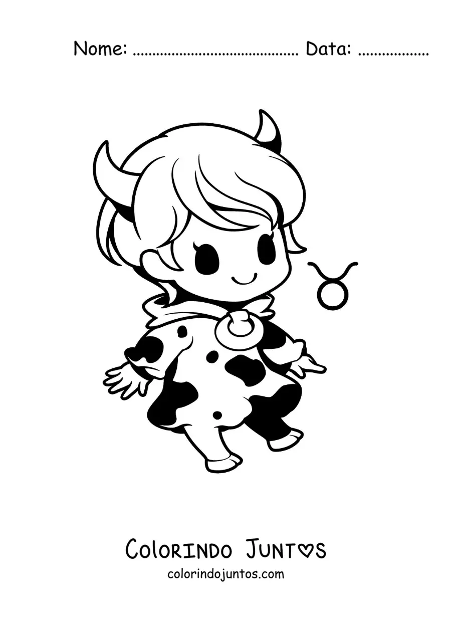 Desenho para colorir de menina do signo de Touro animada kawaii com seu símbolo