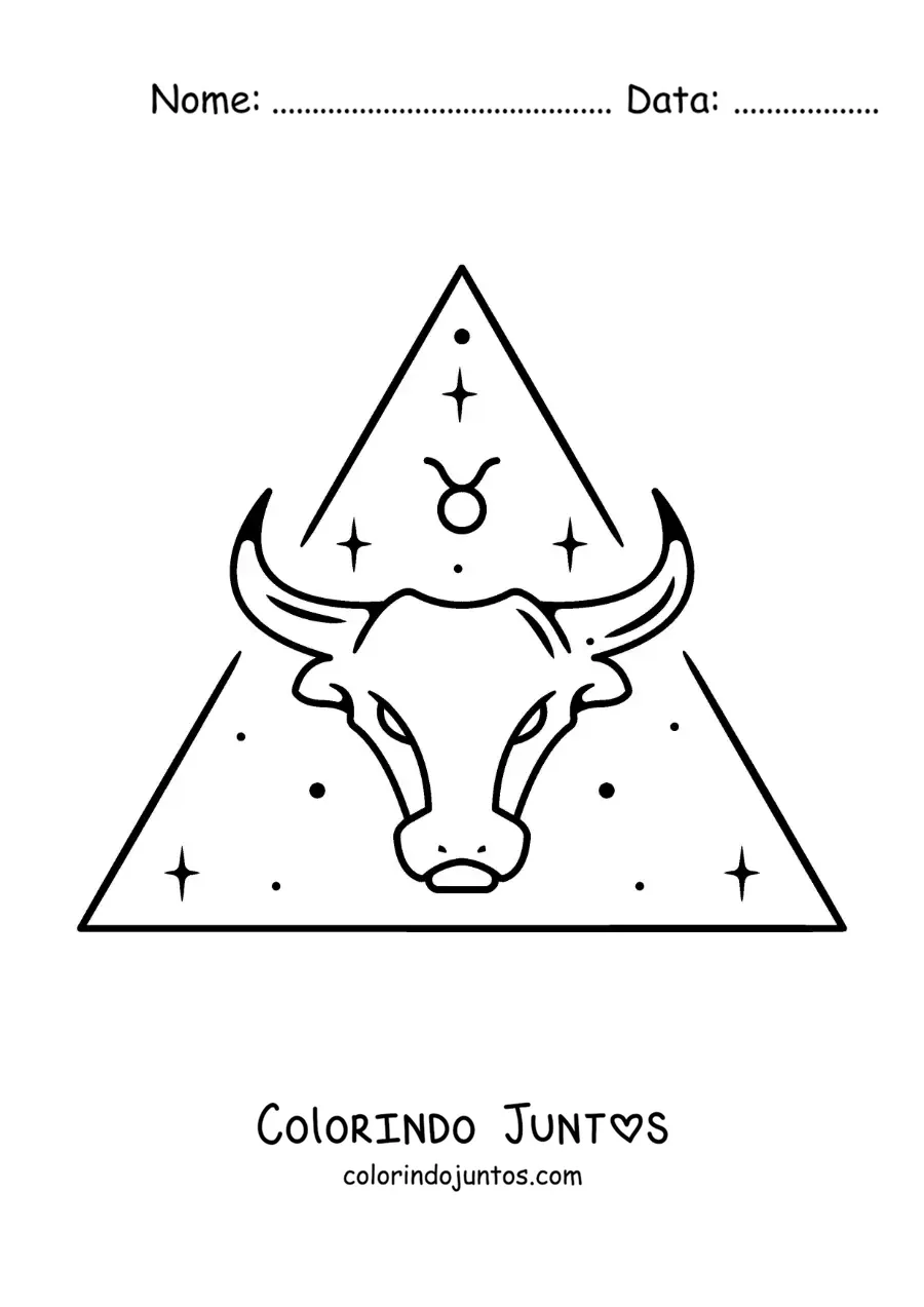 Desenho para colorir de touro do signo de Touro com seu símbolo e estrelas