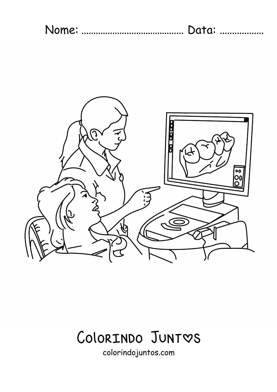 Desenho para colorir de uma dentista mostrando a um paciente seus dentes em uma tela