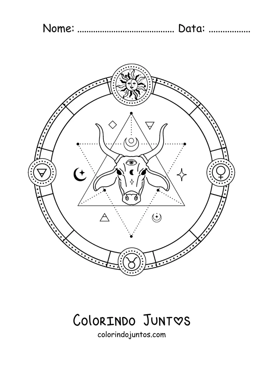 Desenho para colorir de signo do zodíaco de Touro com seus símbolos