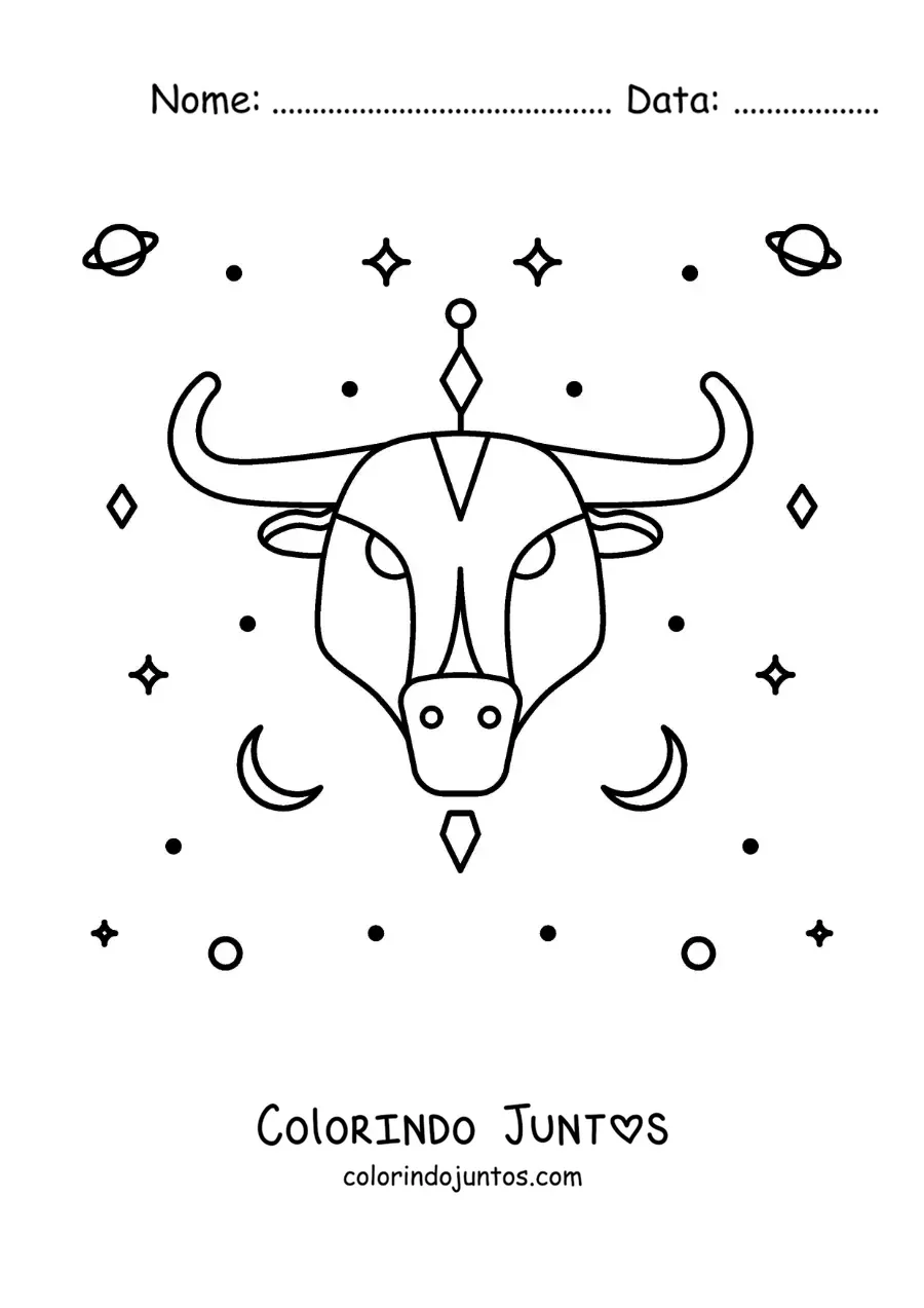 Desenho para colorir do touro do signo de Touro com estrelas e astros