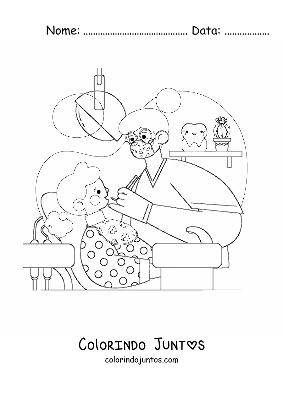 Desenho para colorir de uma dentista atendendo uma menina no consultório
