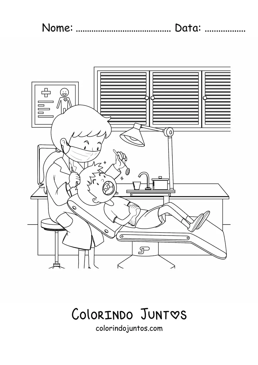 Desenho para colorir de uma dentista e um menino no consultório odontológico