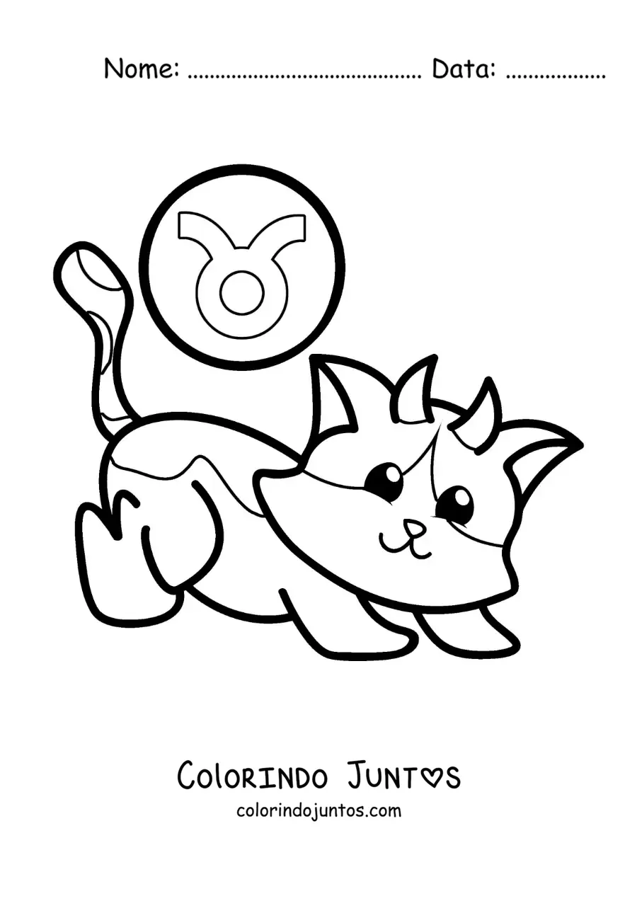 Desenho para colorir de gato animado do signo de Touro com seu símbolo