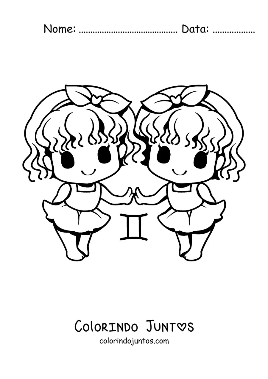Desenho para colorir de gêmeas do signo de Gêmeos kawaii animadas