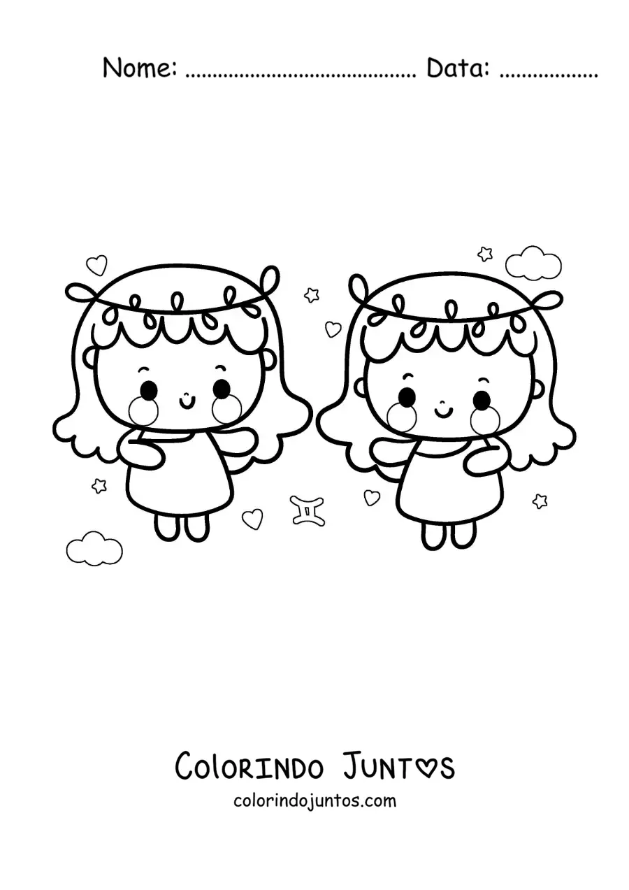 Desenho para colorir de gêmeas do signo de Gêmeos kawaii com seu símbolo