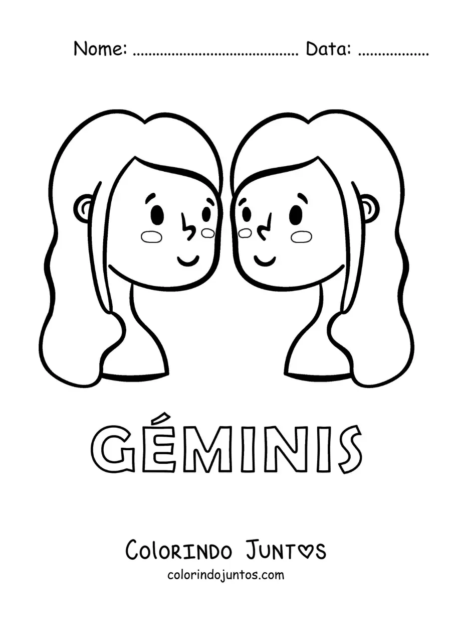 Desenho para colorir de gêmeas de Gêmeos animadas com o nome do signo