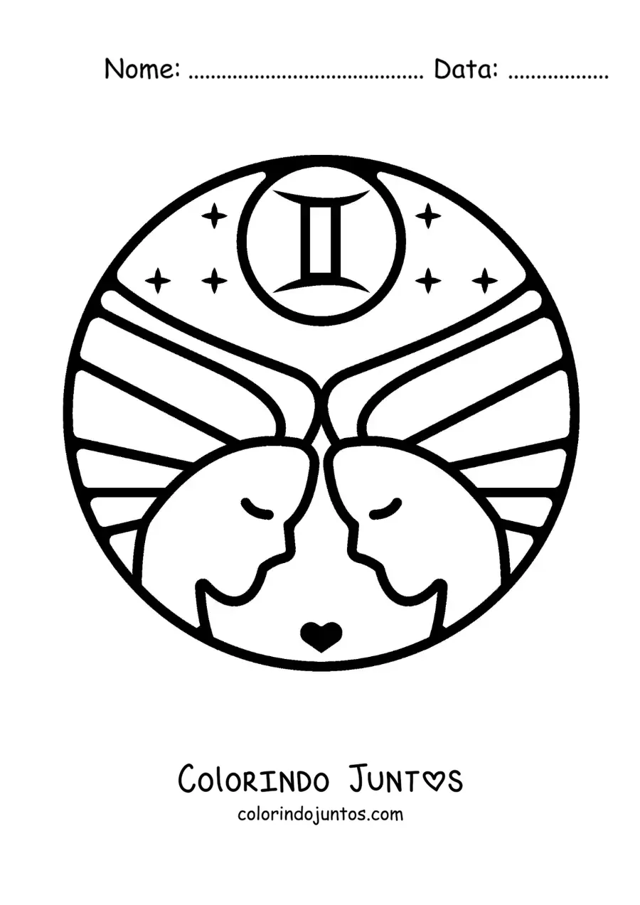 Desenho para colorir de gêmeas do signo de Gêmeos animadas fácil com um coração