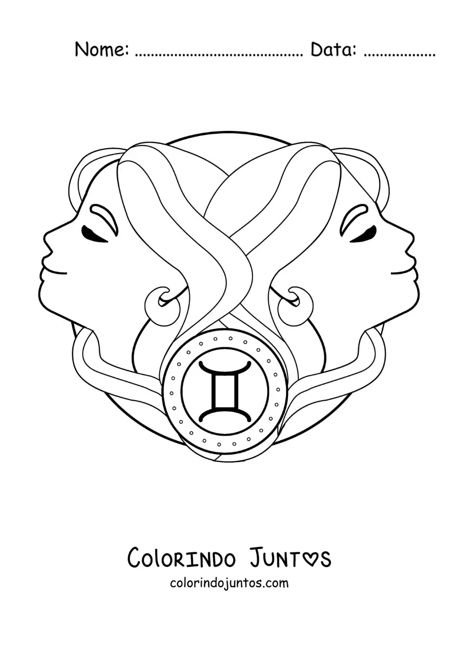 Desenho para colorir de meninas do signo de Gêmeos com seu símbolo