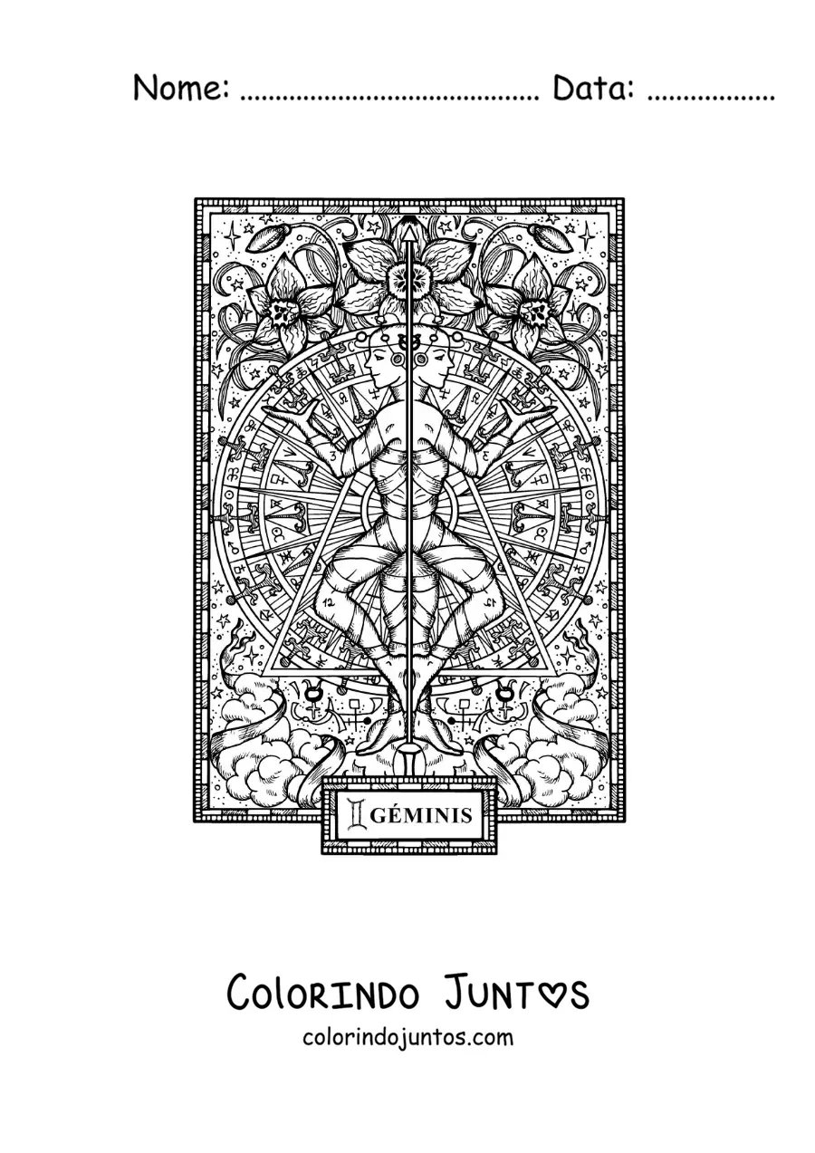 Desenho para colorir de carta do signo do zodíaco de Gêmeos