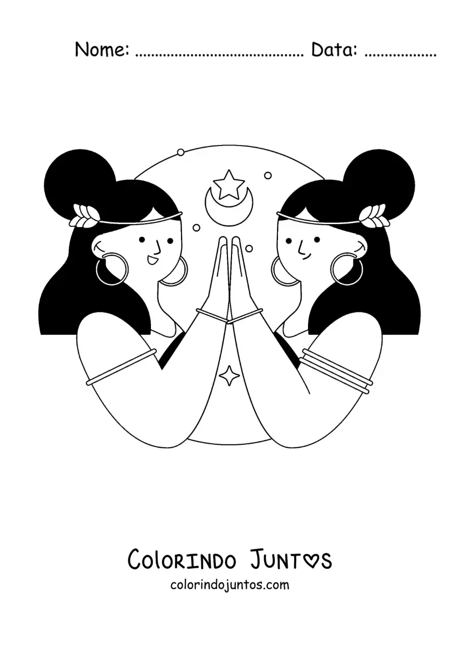Desenho para colorir de duas meninas do signo de Gêmeos animadas