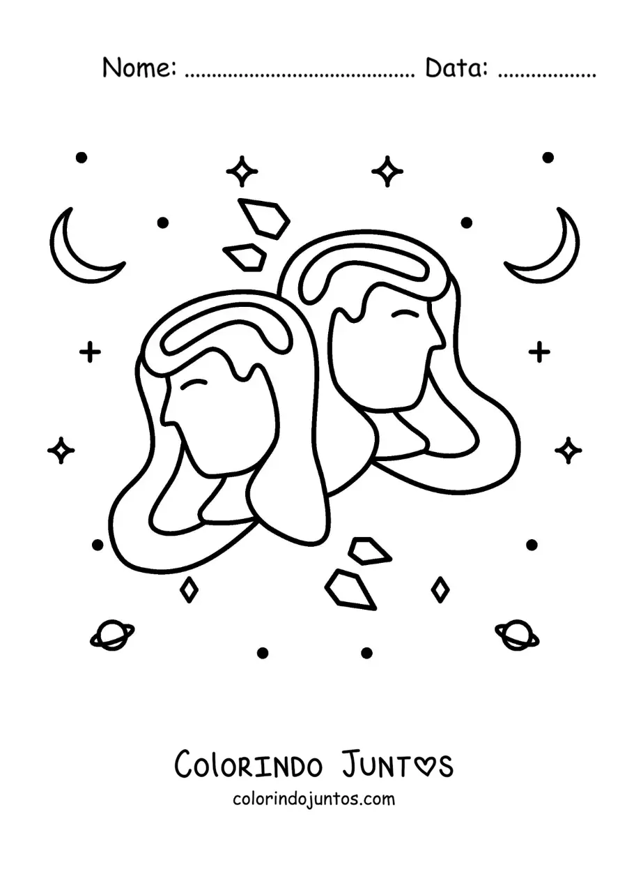Desenho para colorir de meninas do signo de Gêmeos com estrelas e astros