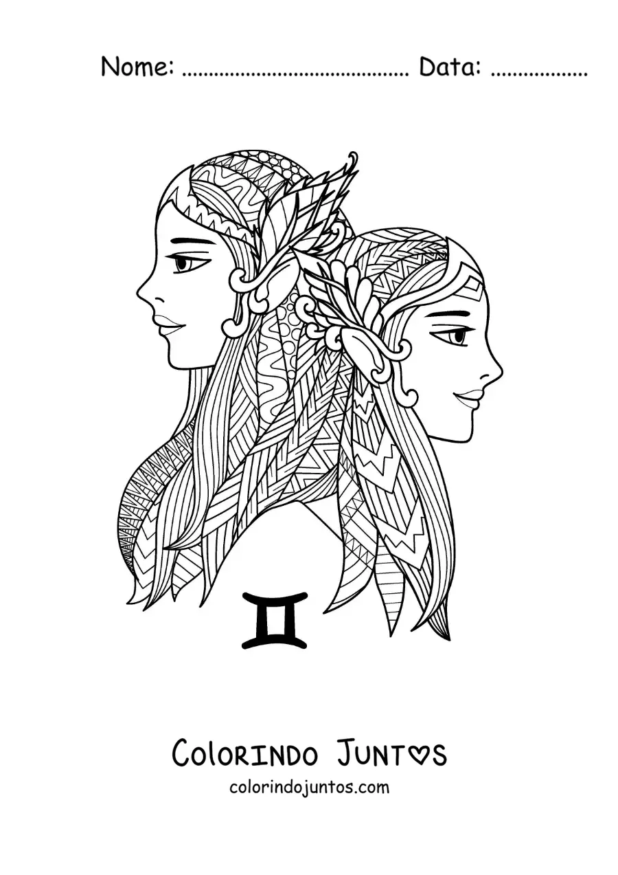 Desenho para colorir de mandala de meninas do signo do zodíaco de Gêmeos