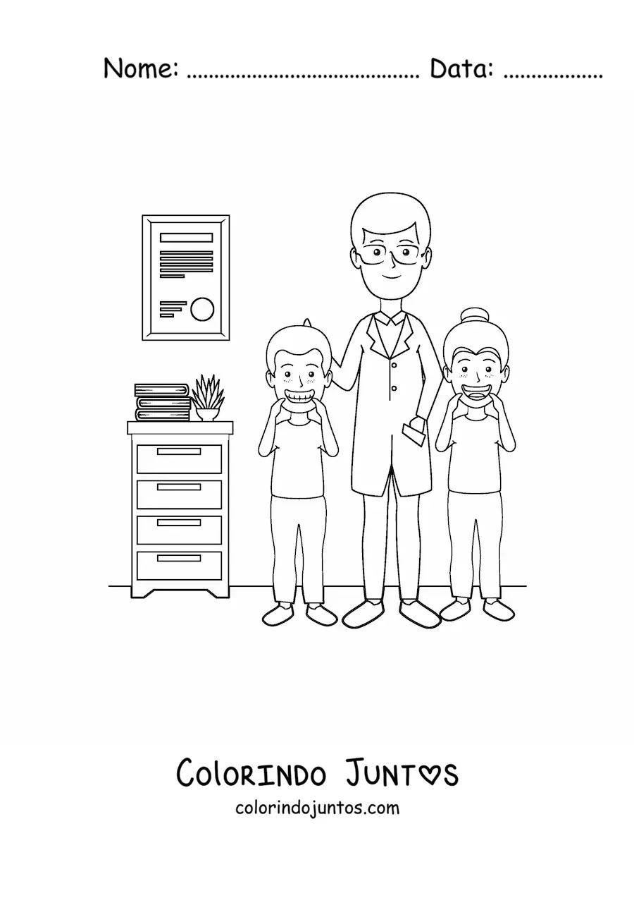 Desenho para colorir de um dentista infantil e duas crianças
