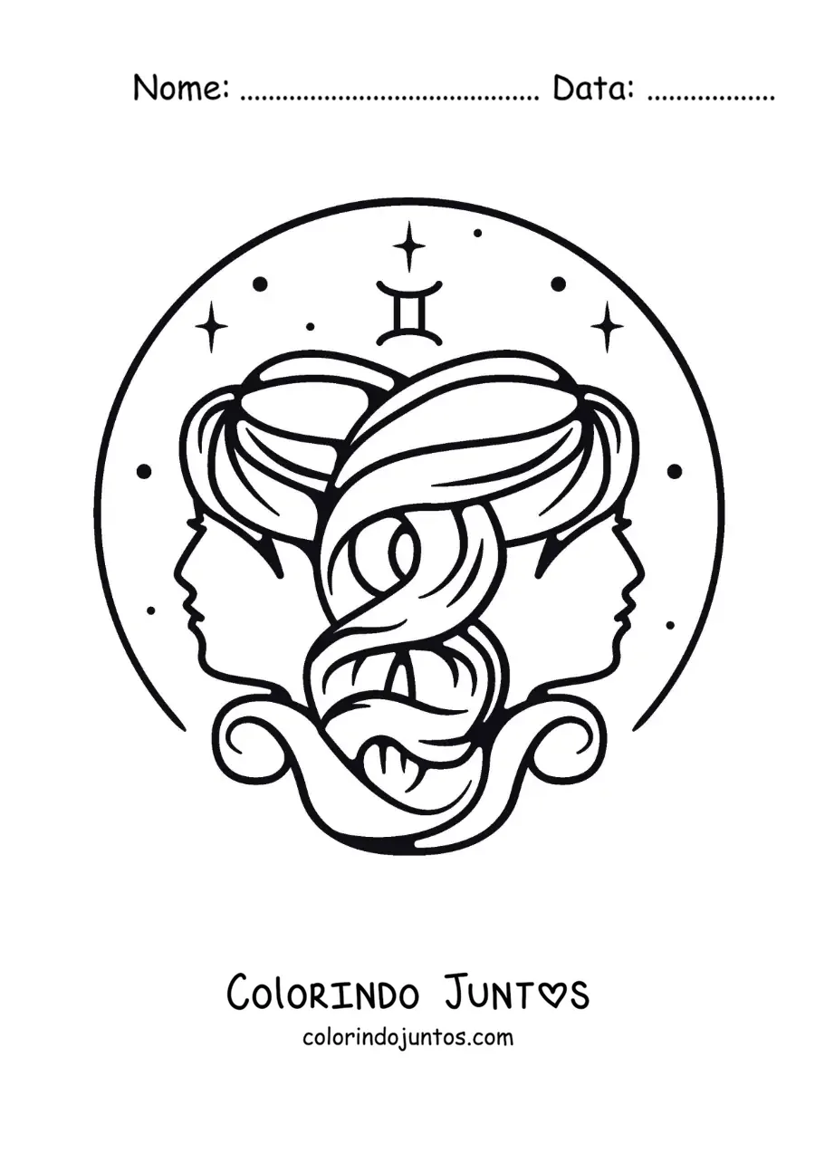 Desenho para colorir das gêmeas de Gêmeos com seu símbolo
