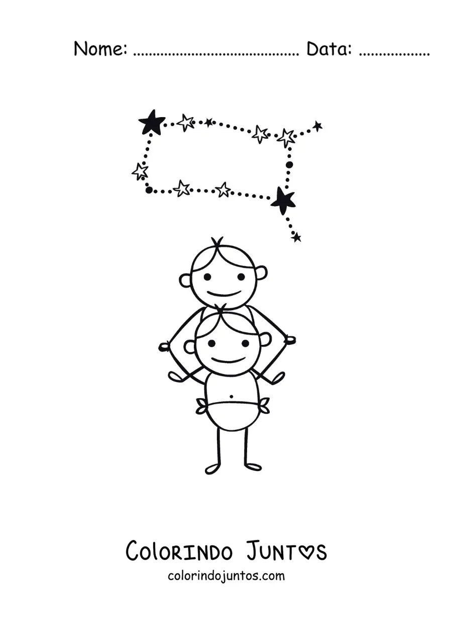 Desenho para colorir de caricatura de Gêmeos com sua constelação