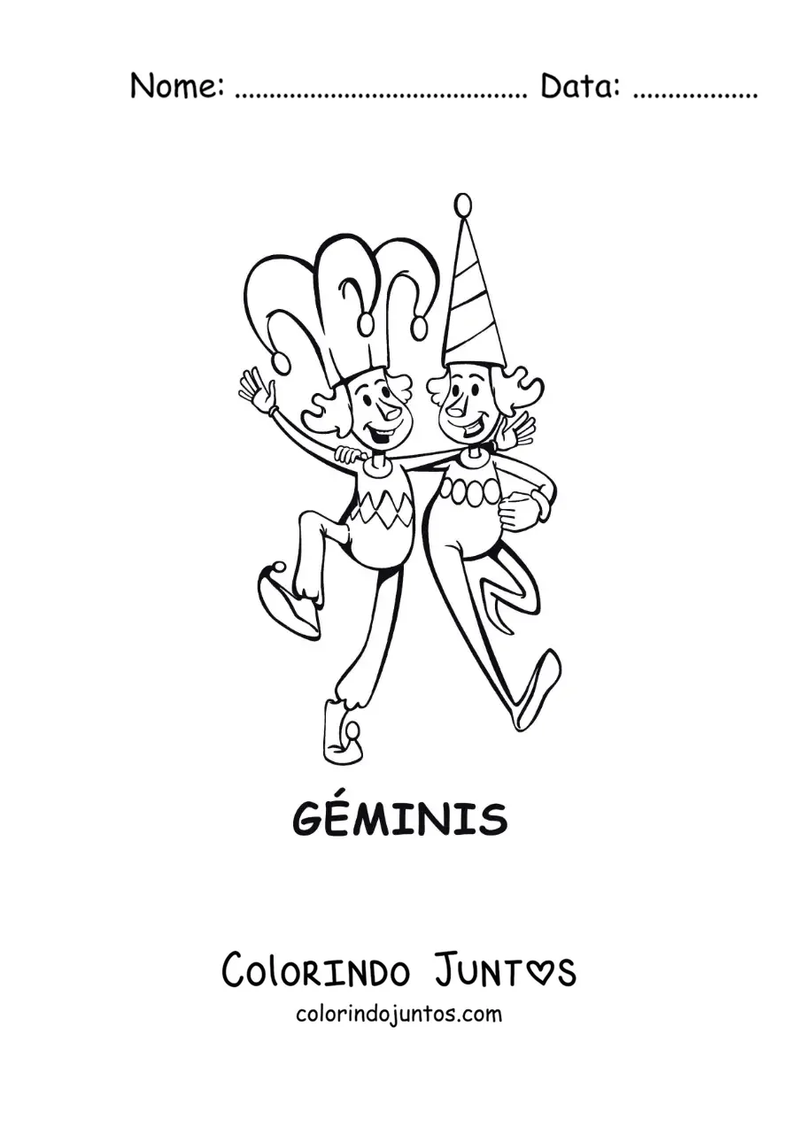 Desenho para colorir de caricatura de dois palhaços do signo de Gêmeos