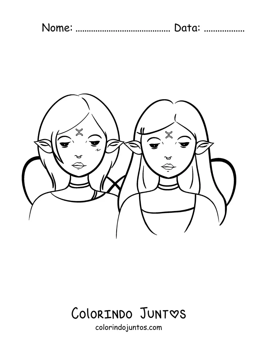 Desenho para colorir de duas meninas animadas do signo de Gêmeos de fantasia