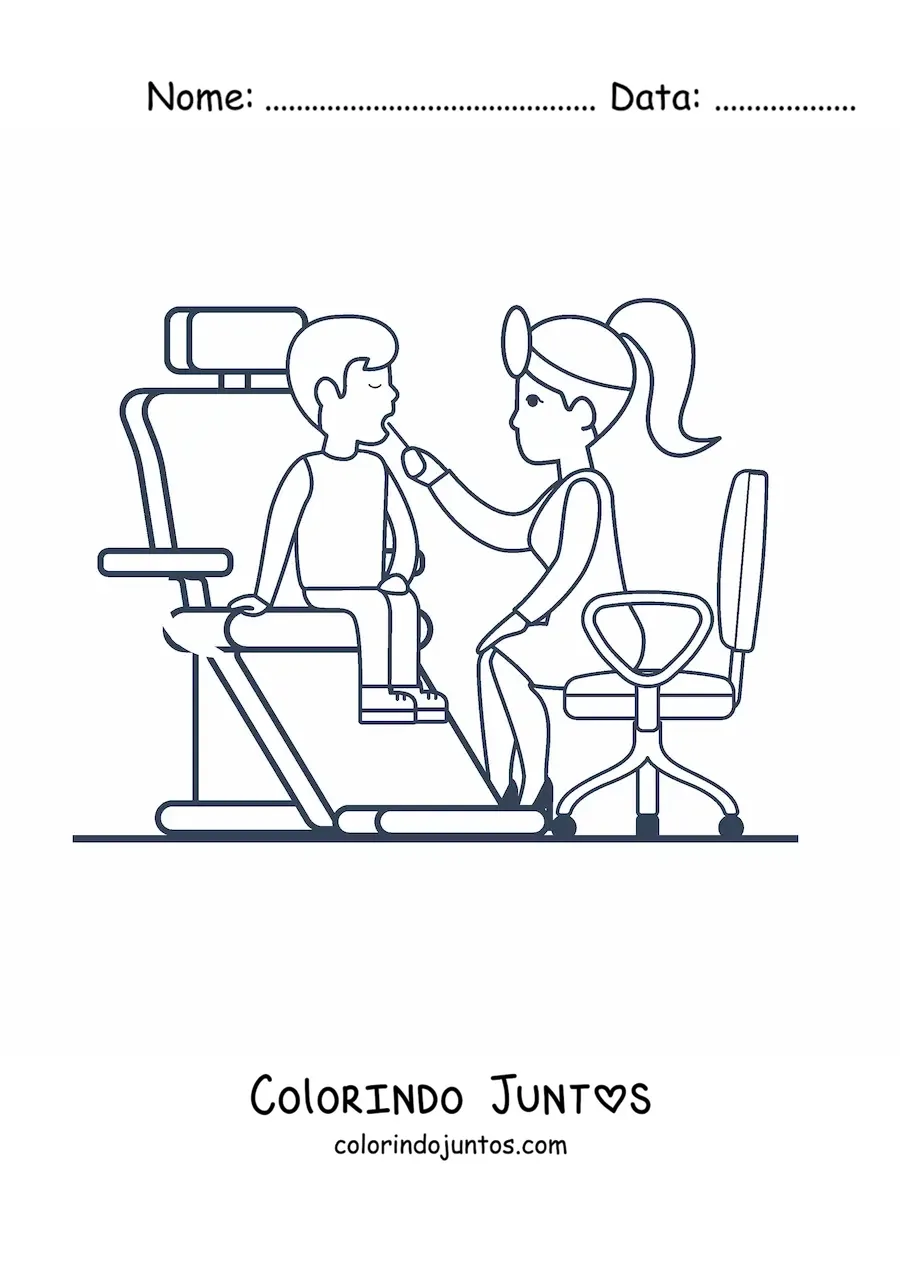 Desenho para colorir de uma dentista sentada examinando um paciente