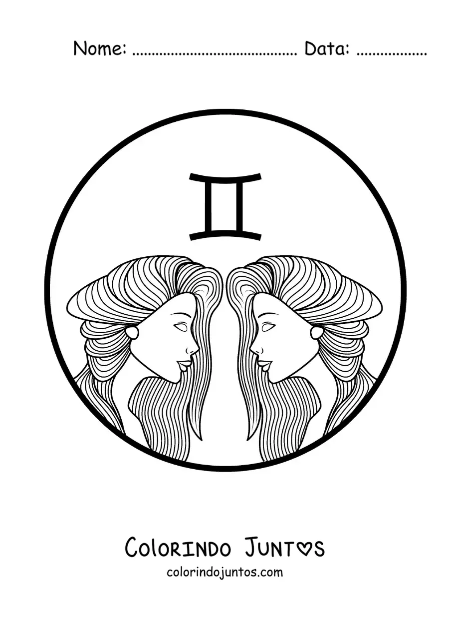 Desenho para colorir do rosto de duas lindas meninas do signo de Gêmeos com seu símbolo