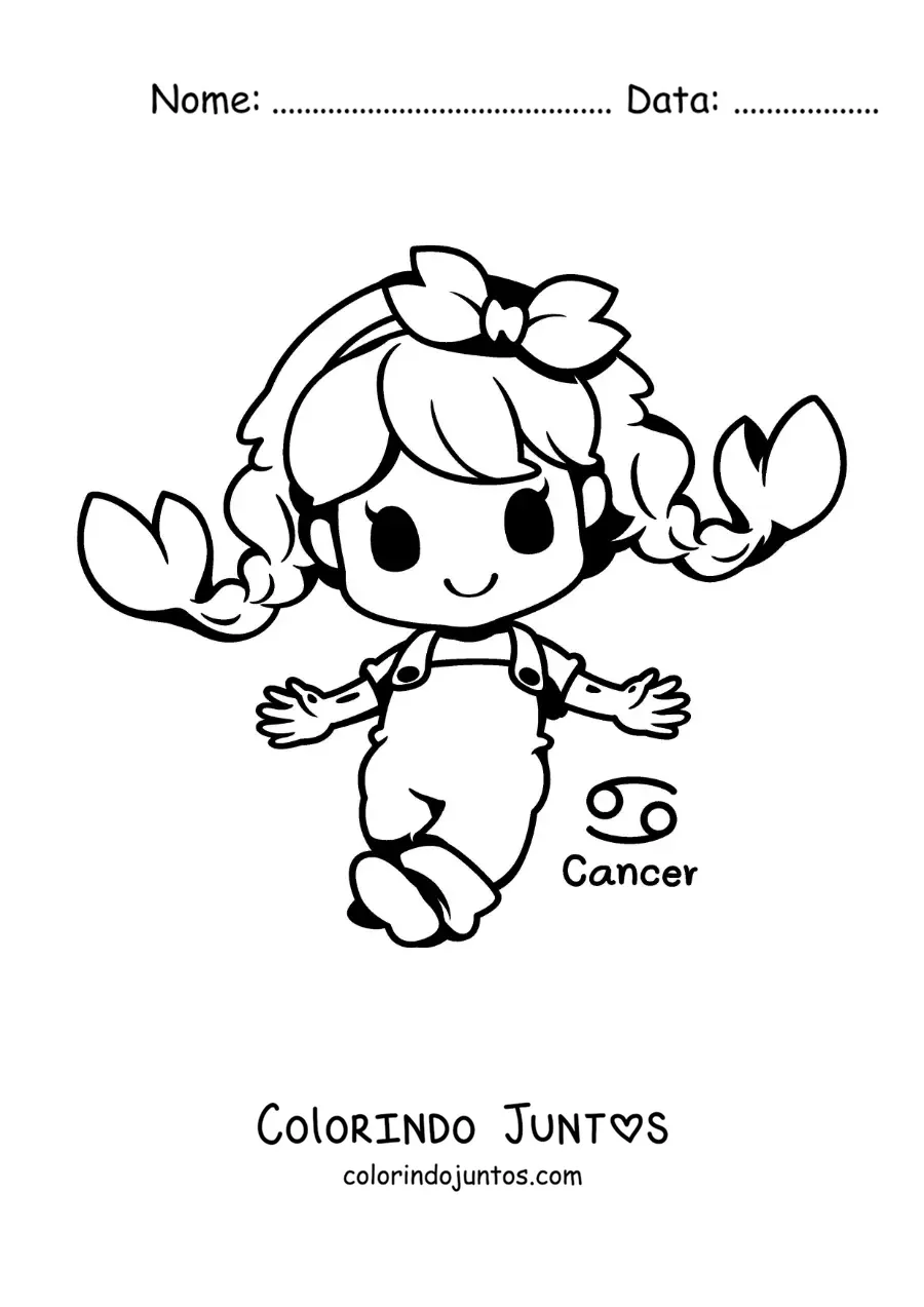 Desenho para colorir de menina do signo de Câncer animada kawaii com seu símbolo