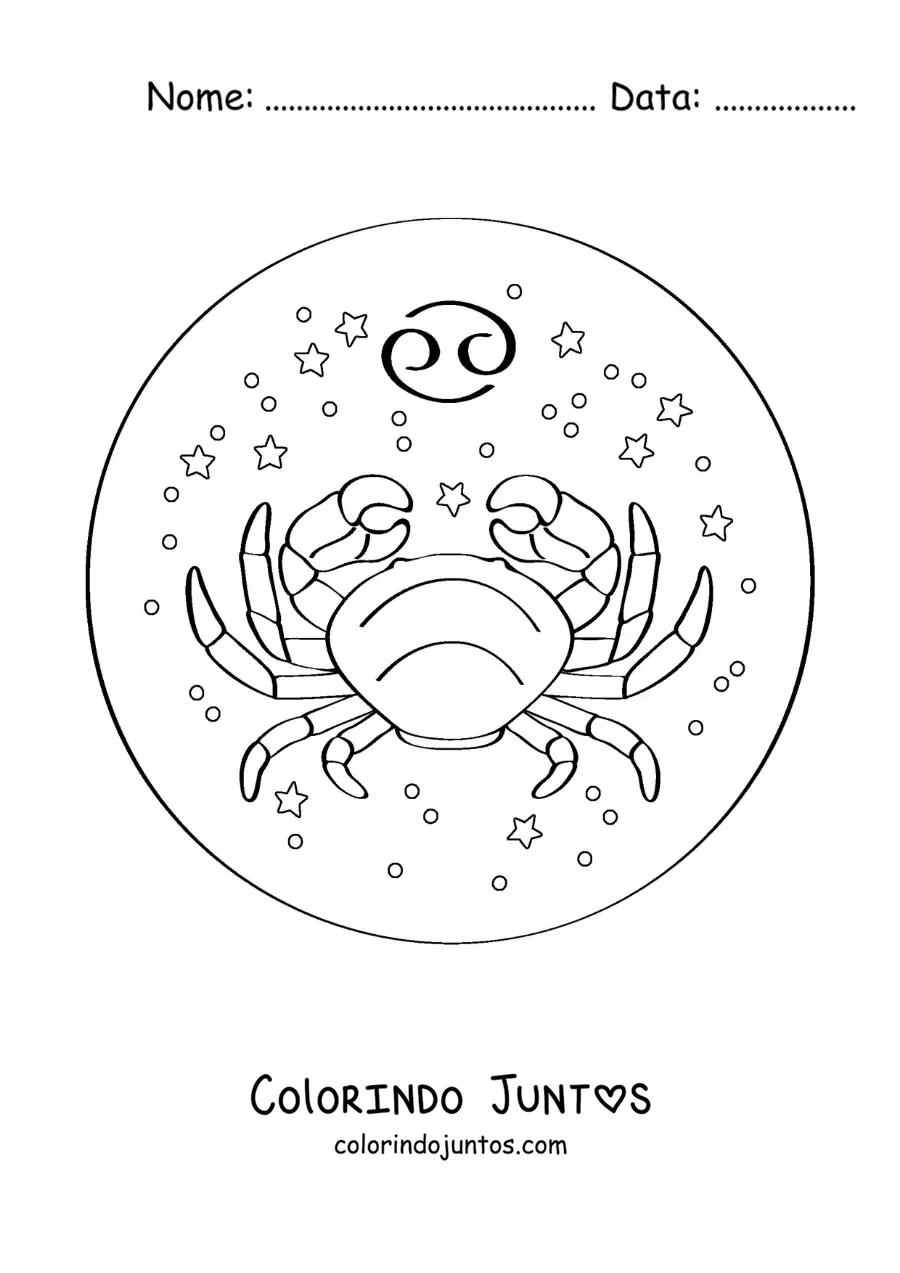Desenho para colorir de caranguejo do signo do zodíaco de Câncer com seu símbolo e estrelas