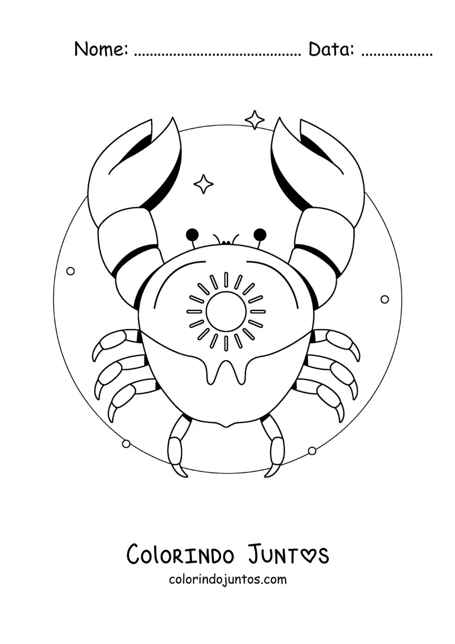 Desenho para colorir de caranguejo do signo de Câncer animado com um sol e estrelas