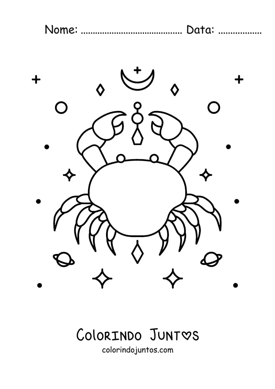 Desenho para colorir do caranguejo de Câncer com estrelas e astros